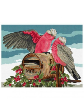 Air Mail Galahs cross stitch chart or kit by Fiona Jude