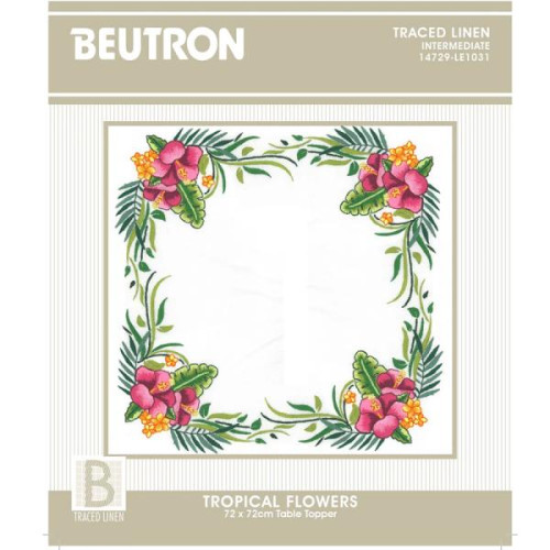 Tropical Flowers traced linen table topper embroidery kit - Beutron 