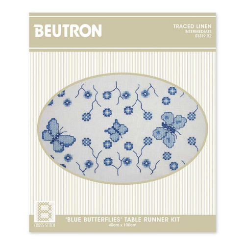 Blue Butterflies traced linen table runner. A Beutron embroidery kit 