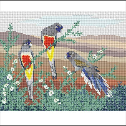 Blue Bonnet Parrots in the Arid Lands counted cross stitch chart or kit