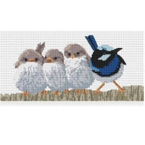 Wrens on the Fence cross stitch chart or kit by Maureen Maguire